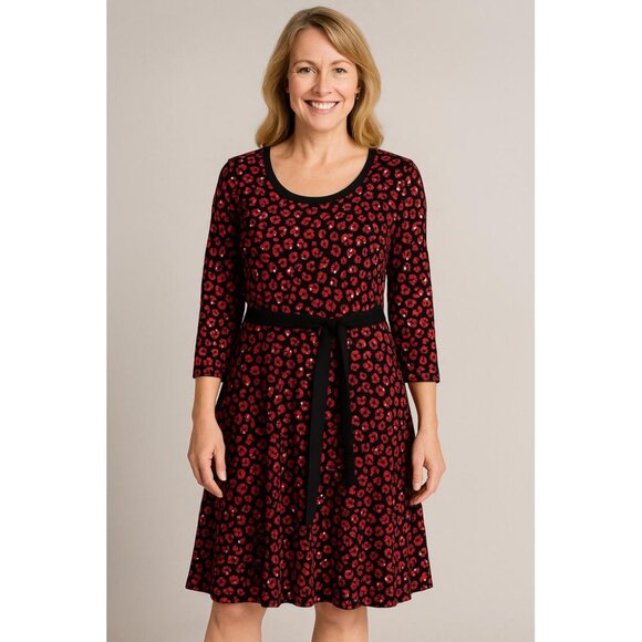 Liz Claiborne Red Black Print Fit Flare Knit Midi Dress Scoop Neck Size XL (NWT) - Picture 1 of 15